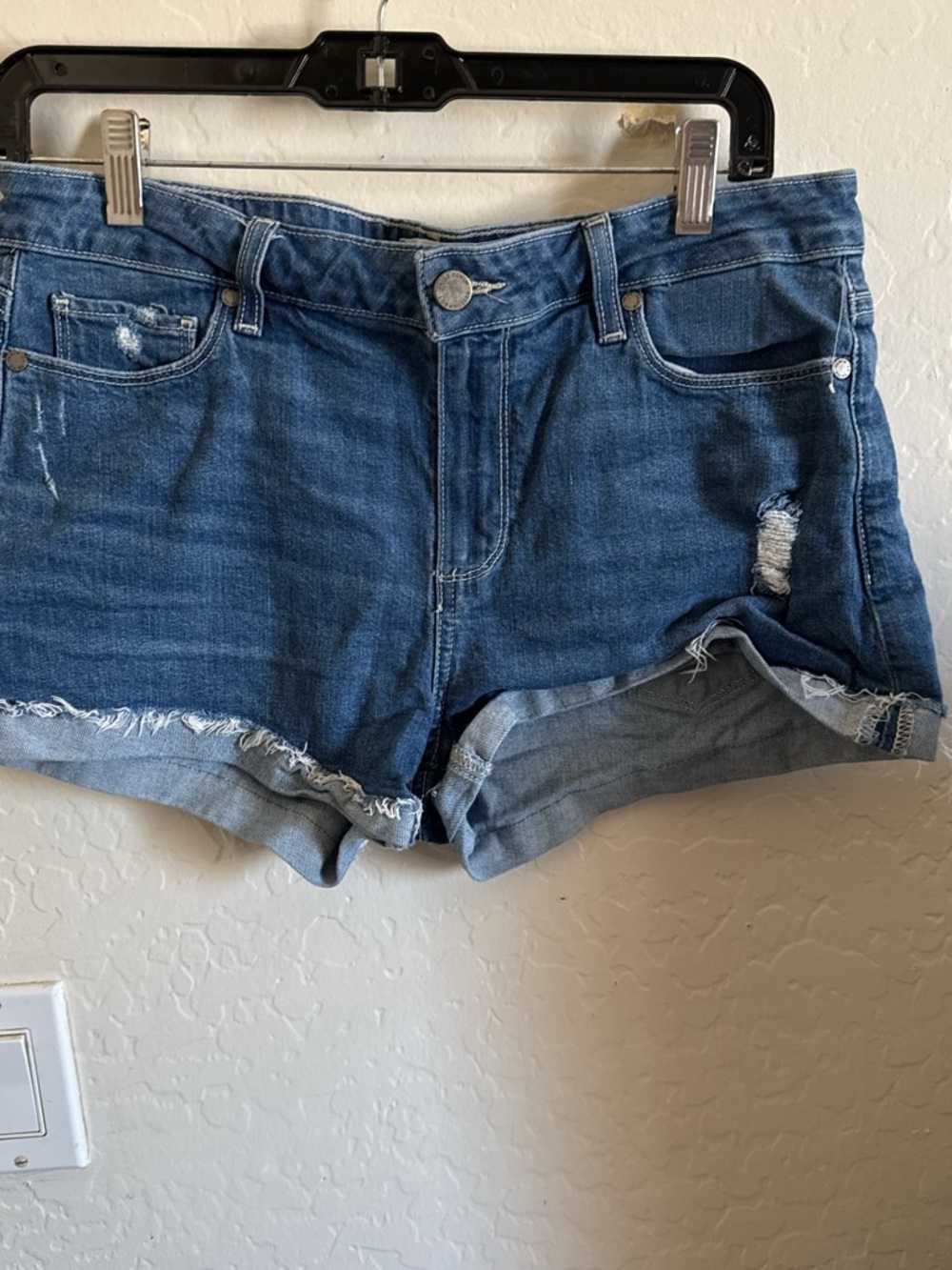 PAIGE Blue Distressed Rolled-Hem Jean Shorts